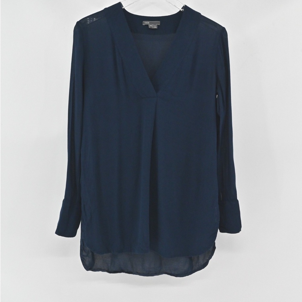 Vince V-Neck Tunic Blouse Womens Size XS Navy Blue Long Sleeve Silk Blend Luxury